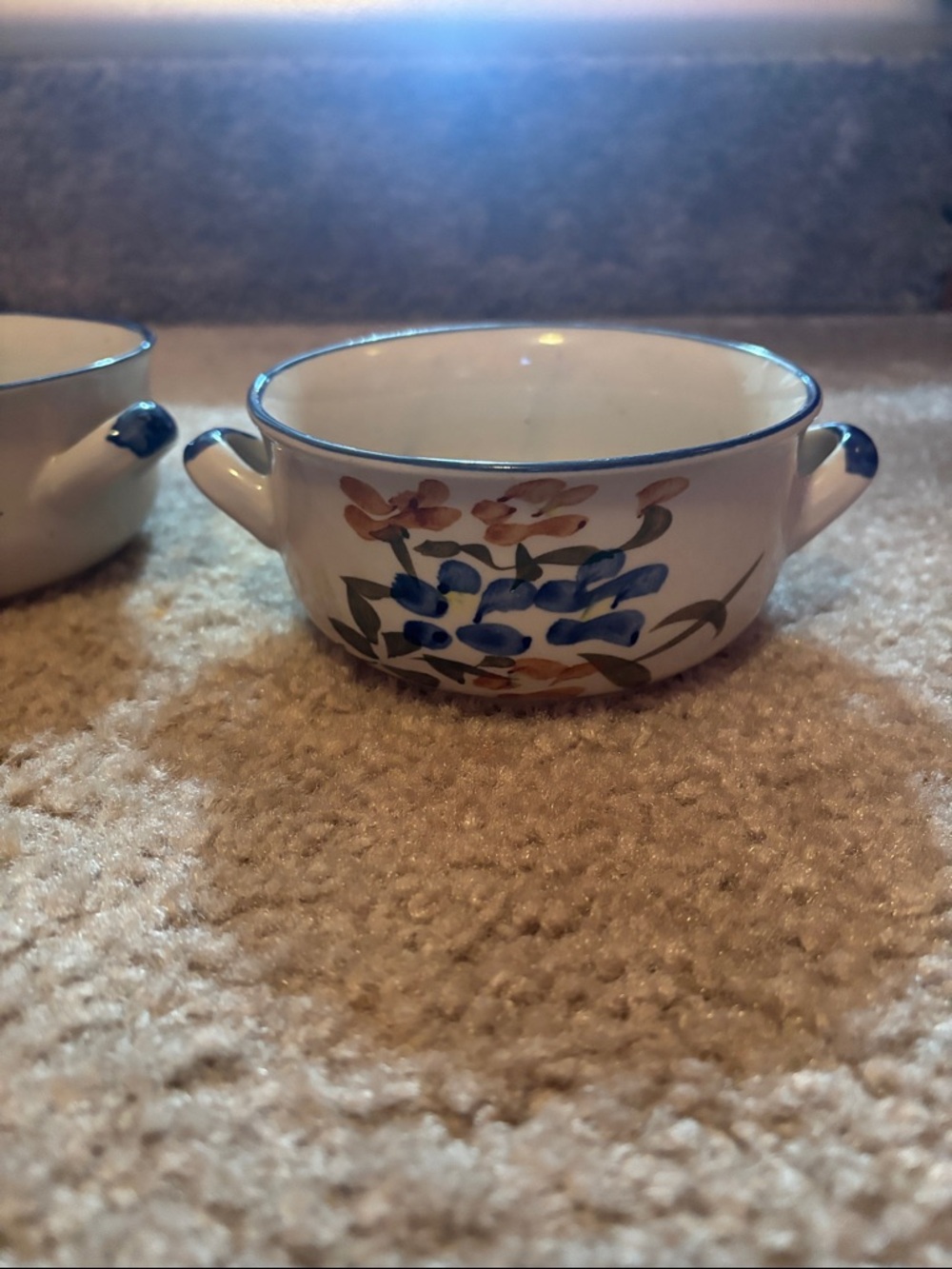 Blue Floral Ceramic Serving Bowls with Handles x two